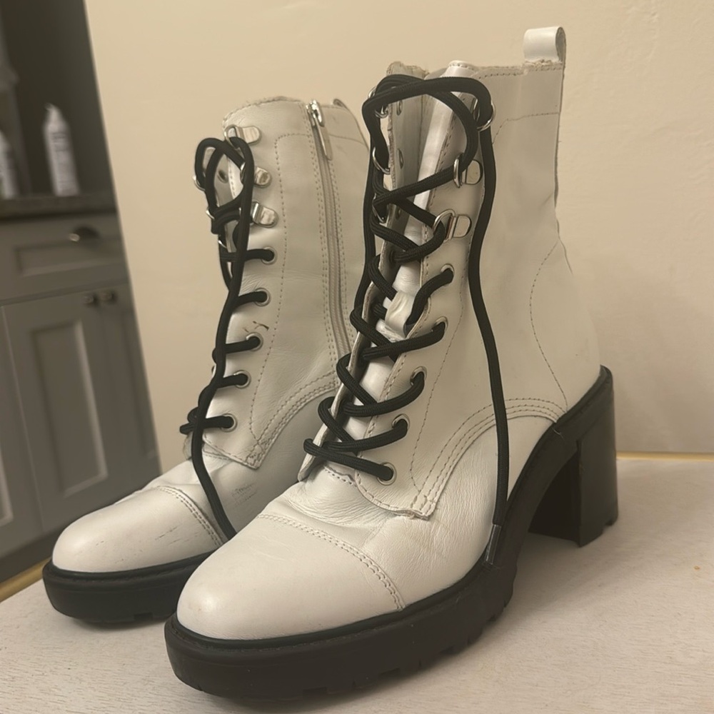 Marc Fisher white combat bootie w heel